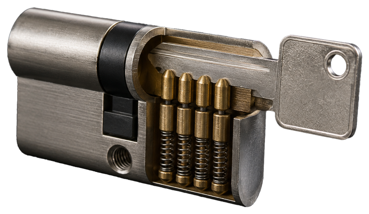 Cutaway pin tumbler cylinder with the key lifting each pin stack to the shear line