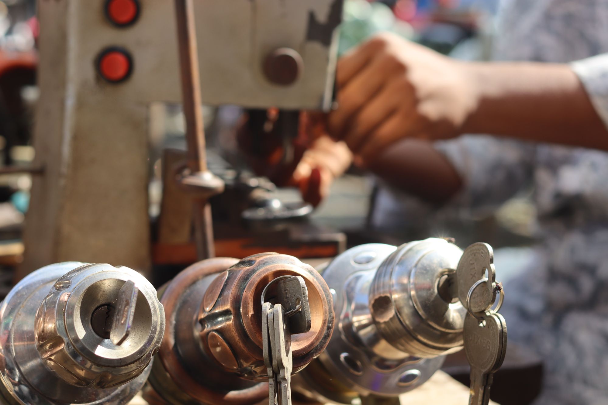 Close-up of hardware tools during the push bar install